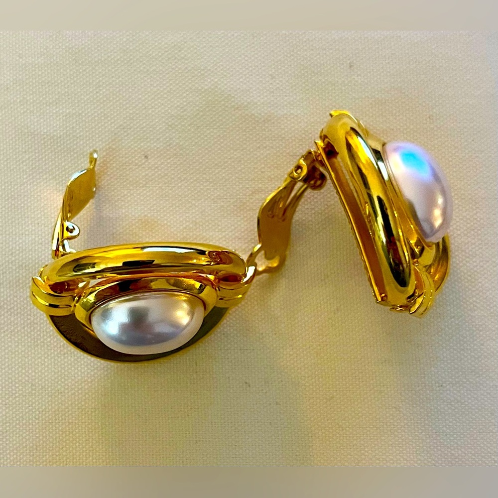 Gold Pearl Clip On Earrings - Picture 3 of 16